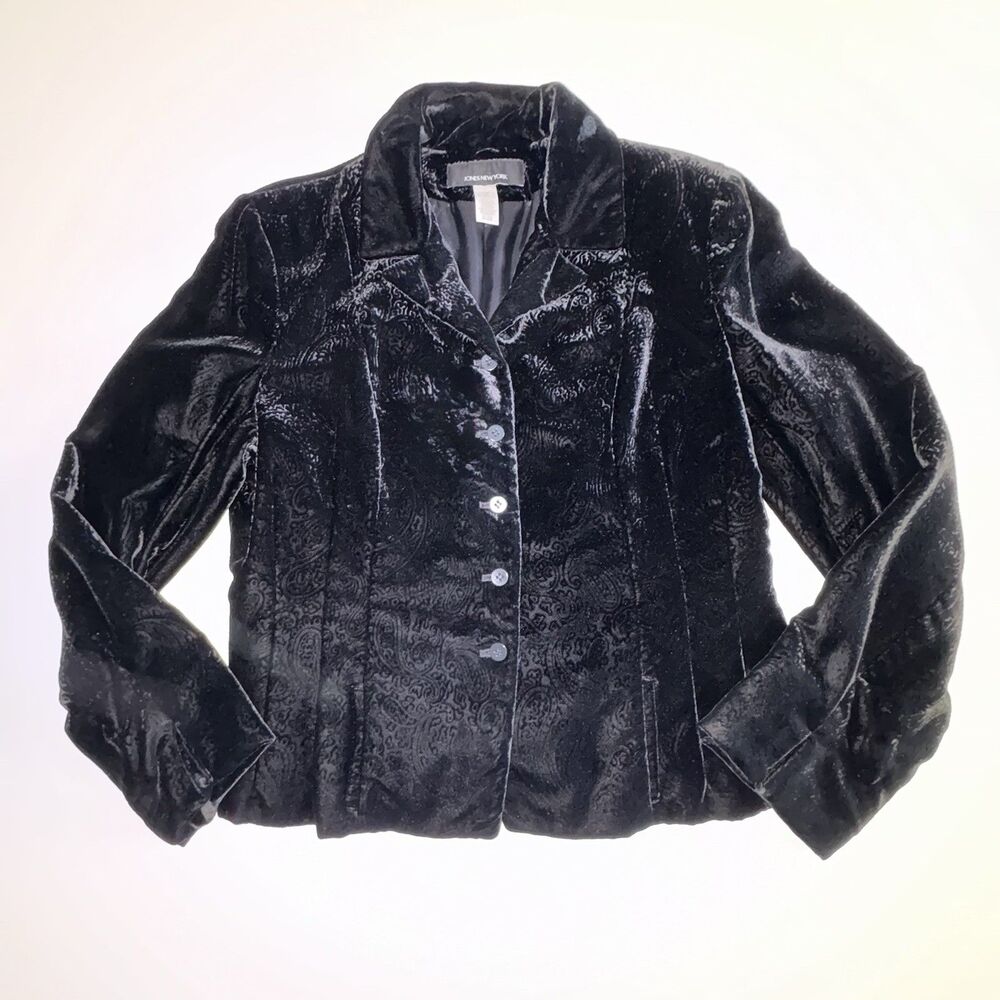 Vtg Y2K Jones New York Womens Y2K Black Crushed Velvet Blazer Size 14 Paisley